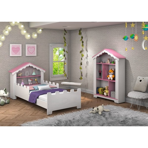 Conjunto de quarto Princesa com cama, estante e colchão Branco/Rosa - Vitamov 
